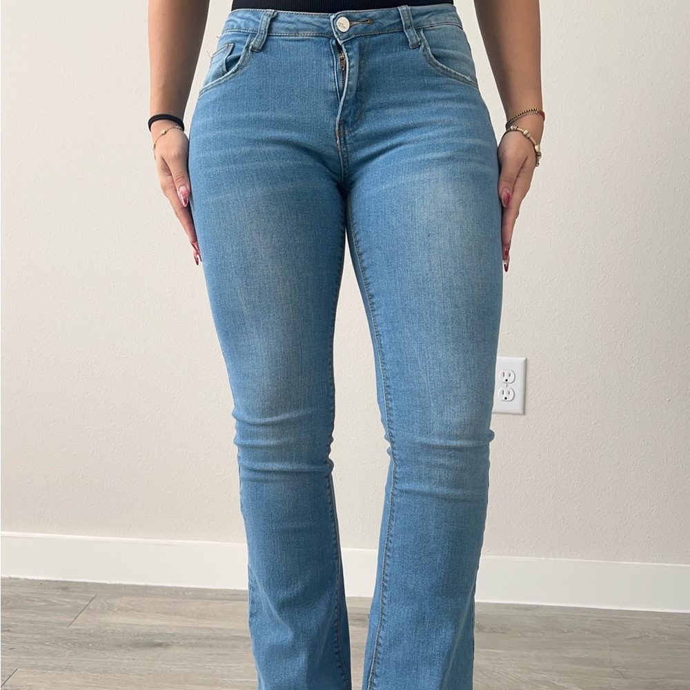SHEIN Light Blue Skinny Flare Leg Pants